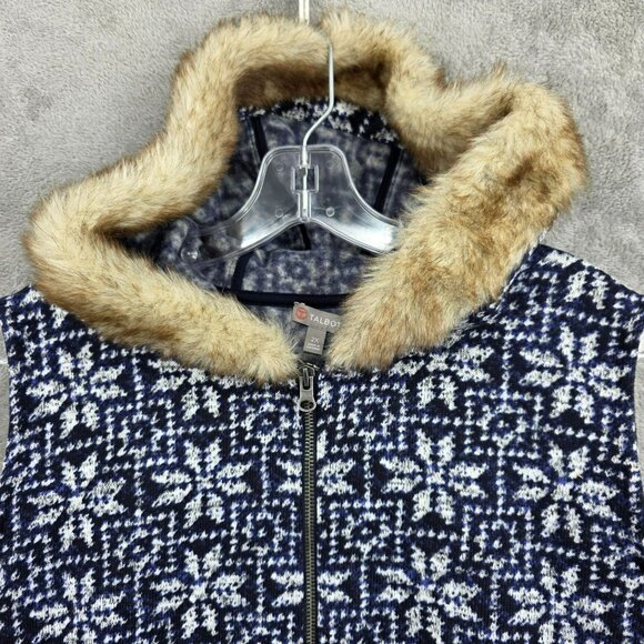 Talbots Hooded Vest 2X Blue White Snowflake Fair Isle Pockets Faux Fur Cozy Zip - Picture 4 of 10